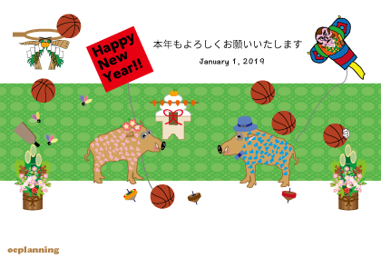 バスケットボールの亥年の猪イノシシの年賀状218戌年